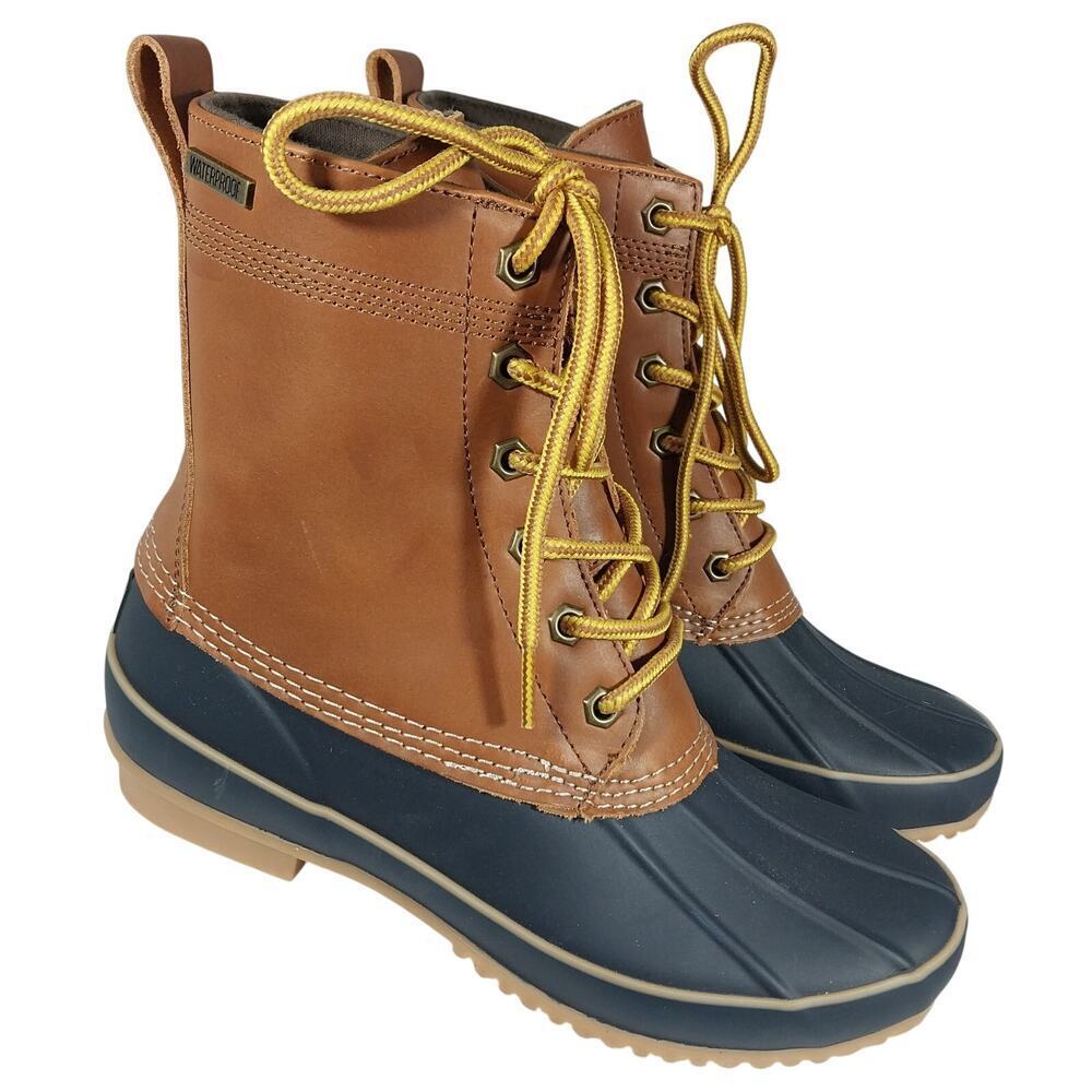 NWOT! G.H. BASS! NAVY/TAN CLASSIC DUCK BOOTS, GENUINE LEATHER, RUBBER SOLE! SZ 7
